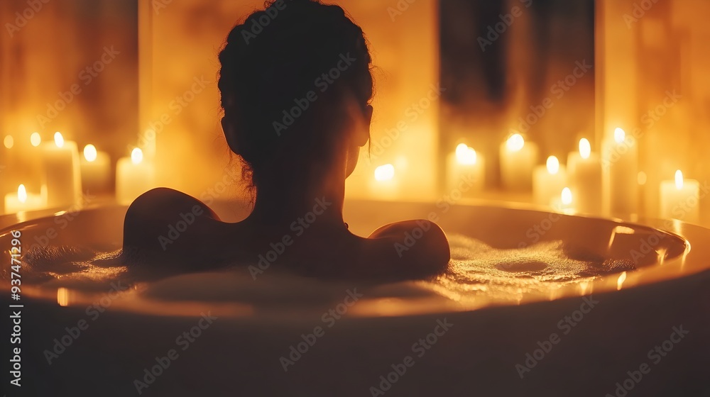 Poster serene image of a warm steaming bath surrounded by calming candles creating a peaceful luxurious atm