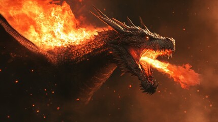 Fototapeta premium A fierce dragon breathes fire against a dark, fiery background, showcasing its power and mythical presence.