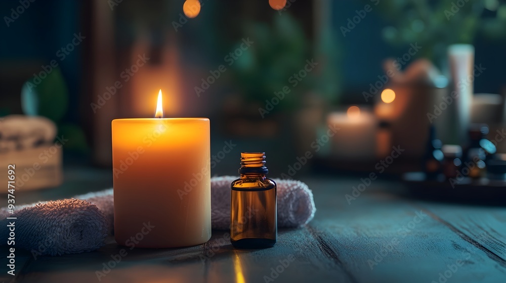 Poster tranquil spa like setup with a lit candle essential oils and a calming atmosphere for relaxation and