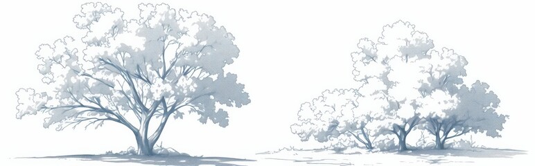 Obraz premium Two Simple Line Drawings of Trees Isolated White Background, for Minimalist and Nature-Inspired Designs