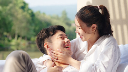 Young adult asia people fiance happy lover flirt fall in love nose lips kiss hug cuddle care trust....
