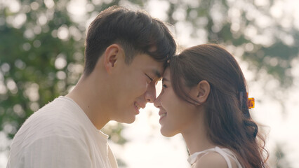 Young adult asia people fiance happy lover flirt fall in love nose kiss hug cuddle care trust. Sweet comfort touch newlywed asian couple life man smile look at woman face relax warm time dating day.