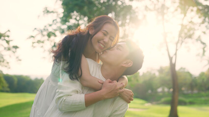 Young adult asia people fiance happy lover flirt fall in love nose kiss hug cuddle care trust....