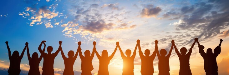 Silhouettes of a Group of People Holding Hands Against a Sunset Sky