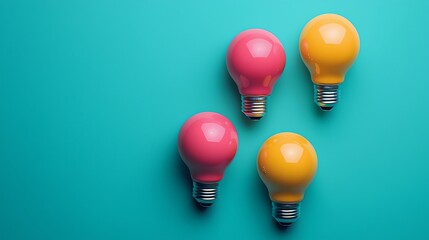 Colorful light bulbs on turquoise background, blending vibrant colors with the symbolic representation of ideas, creativity, and innovation.