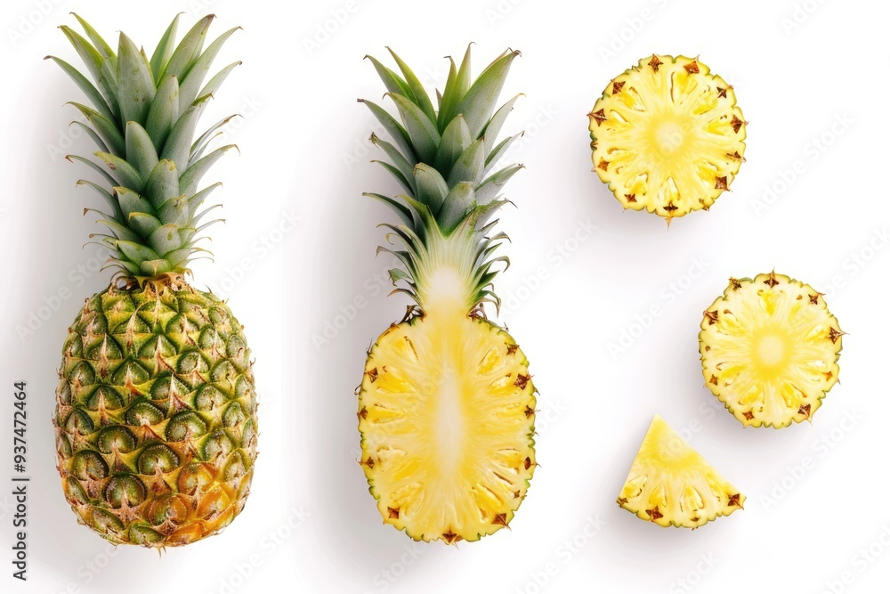 Wall mural fresh whole and cut pineapple on white background.