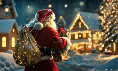 
Enchanting scene of santa claus spreading holiday cheer as he carries colorful gifts through a picturesque snowy village under a starry night sky, evoking warmth and festive spirit.