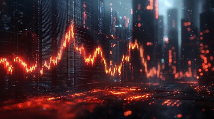 Naklejka premium Red stock market chart on cityscape background, blending the dynamic world of finance with the vibrant energy of urban life.