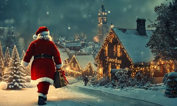 
A picturesque winter night scene depicting santa claus with gifts in a small village. Snow-covered rooftops and twinkling lights create a cozy, festive christmas atmosphere.