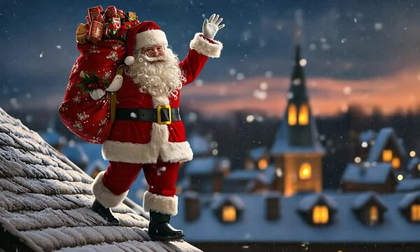 
A whimsical scene of santa claus on a snowy rooftop, surrounded by beautifully wrapped gifts and a tall chimney, creating a magical christmas eve atmosphere filled with joy and wonder.