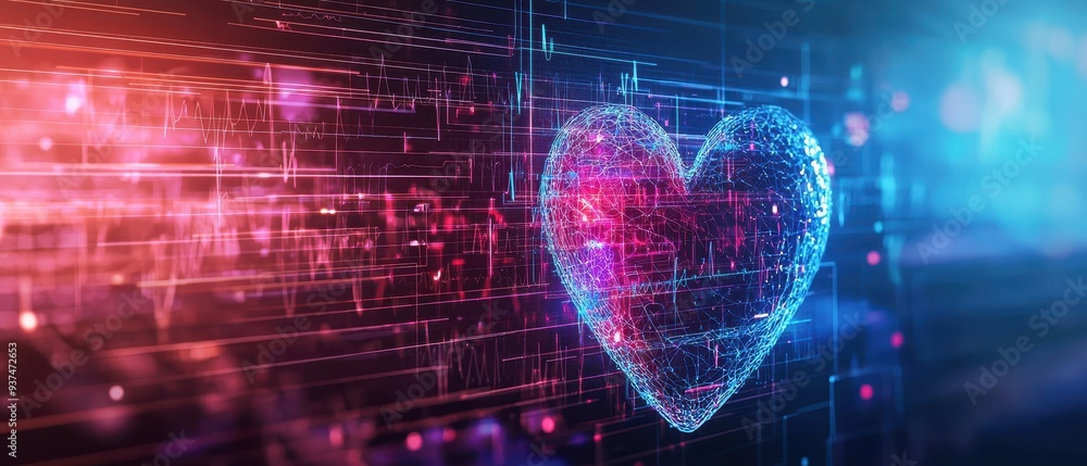 Poster pulsating digital heart in a futuristic technological landscape