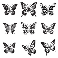 Set of butterflies silhouettes drawing on isolated background. Hand drawn butterfly vector illustration
