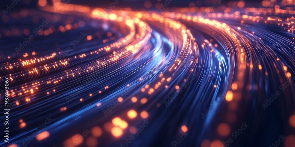 Poster fiber optic cables transmitting data, bright light pulses visualized as high-speed data streams