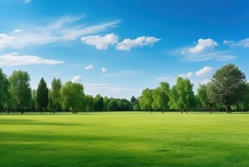 Expansive Green Meadow with a Blue Sky and Trees