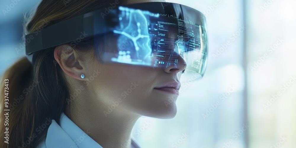 Poster a doctor using ar glasses during a consultation, patient data and treatment options displayed within
