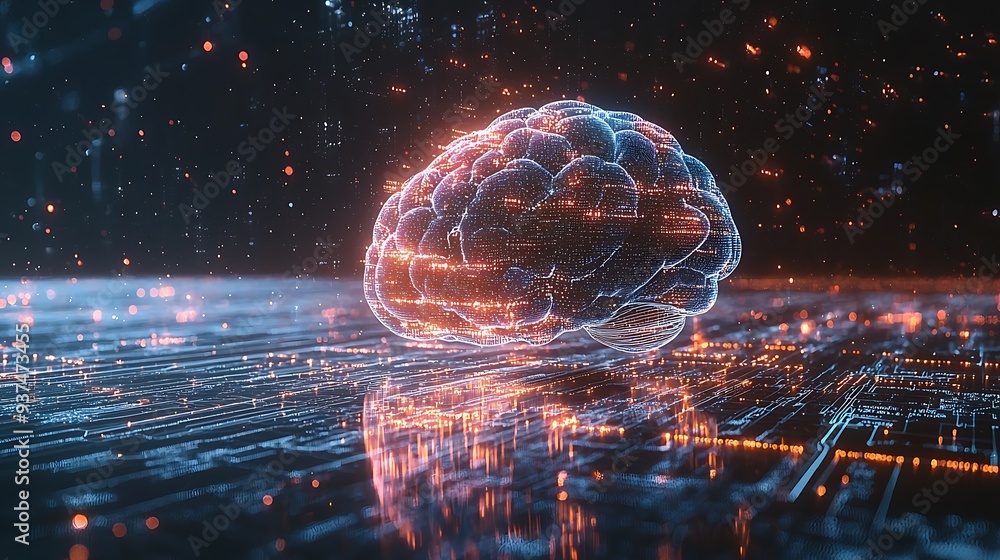 Poster digital brain hologram with circuit board background, highlighting the integration of human intellig