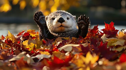 Obraz premium Playful sea otter diving from a pile of red and yellow autumn leaves in park