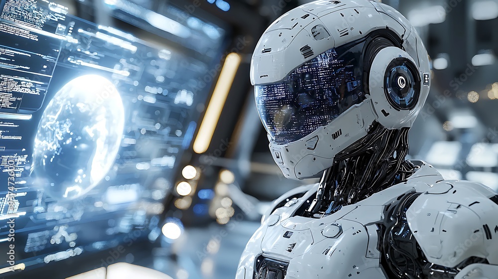 Poster futuristic robot ai cyborg, artificial intelligence technology, blending the human-like qualities of