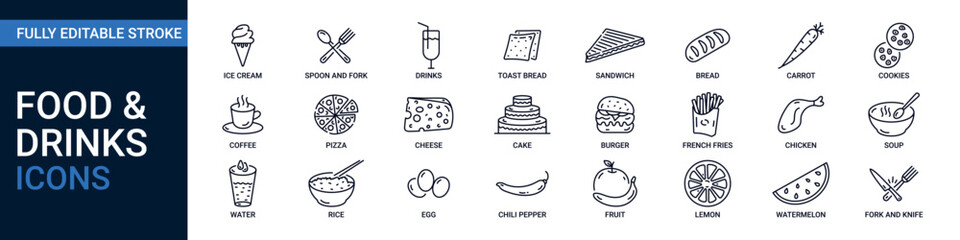 Food and menu restaurant editable line icon collection. Containing burger, fruits, coffee, dishes, pizza and french fries web vector illustration.