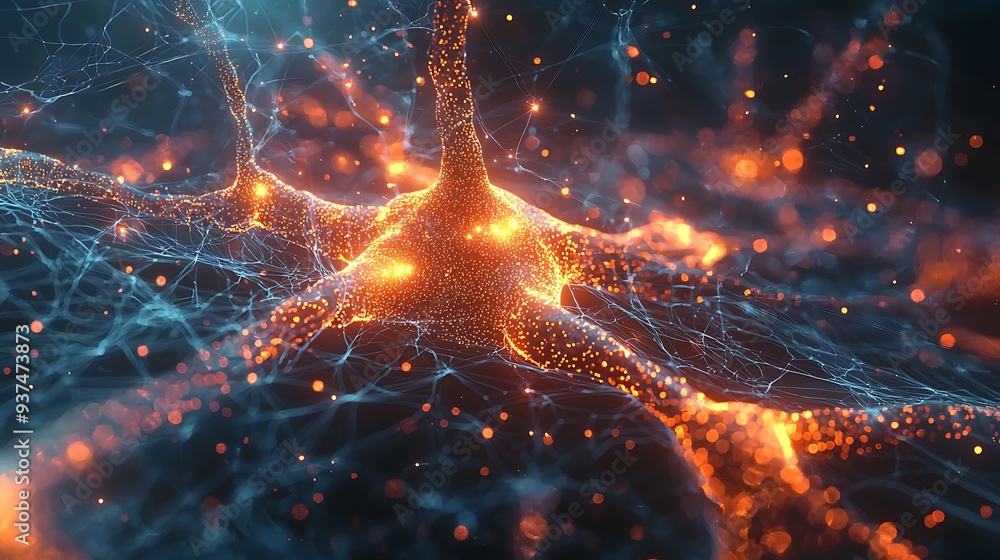 Poster abstract neural network with glowing orange and blue lights, illustrating the complex and intricate 