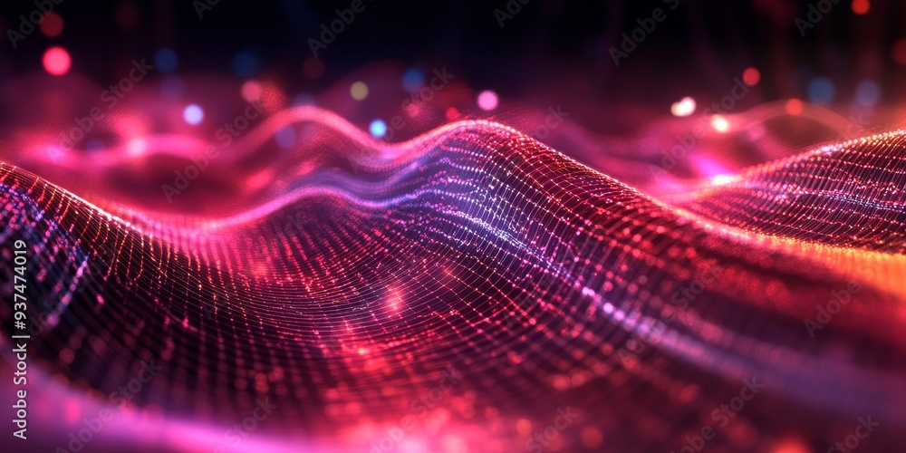 Poster Macro shot of wireless data transmission, signals visualized as waves between devices in a connected environment