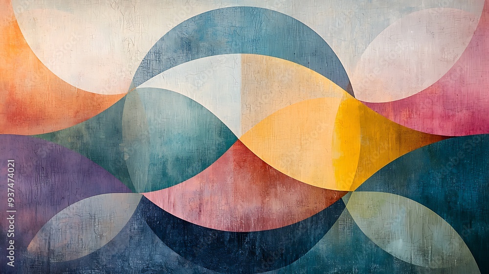 Aufkleber abstract geometric pattern with colorful curved shapes and cracked texture, illustrating the fusion 