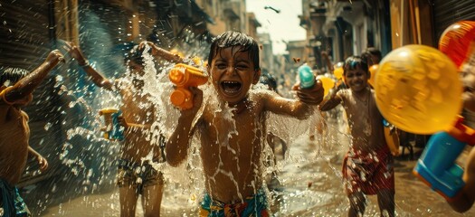 Joyful Boy Being Splashed With Water in a Street Setting