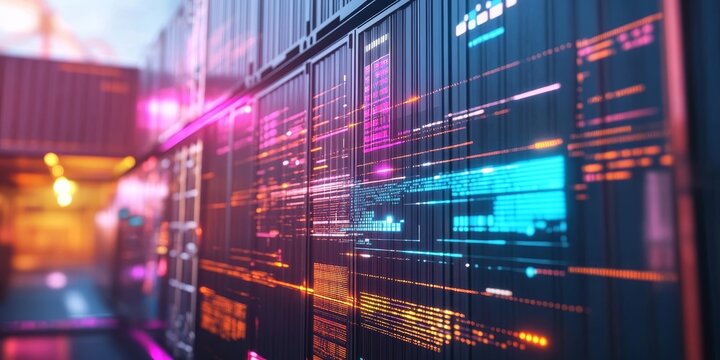 Macro shot of Docker containers being managed, visual interface showing container status and resource usage