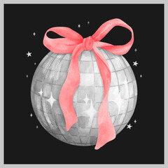 Trendy Coquette Silver Disco ball with red ribbon bow Retro Watercolor