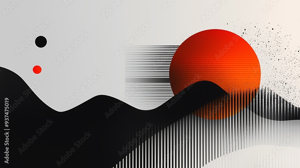 Poster abstract geometric shapes, black, red, white stripes background, creating a visually dynamic and mod