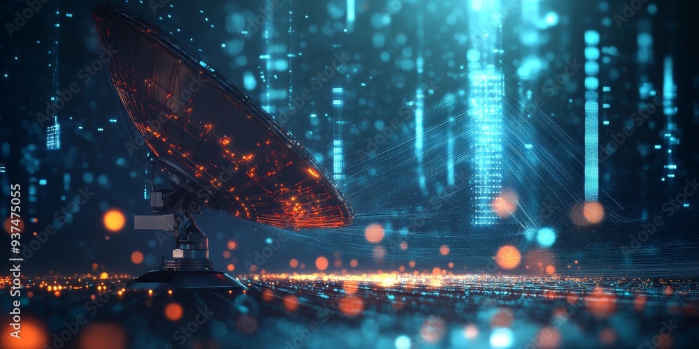 Aufkleber a satellite dish transmitting data, signal waves visualized as beams connecting to distant satellite