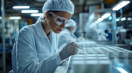 Female scientist in lab coat inspecting samples on conveyor belt, illustrating the integration of technology and human expertise in modern laboratory work.