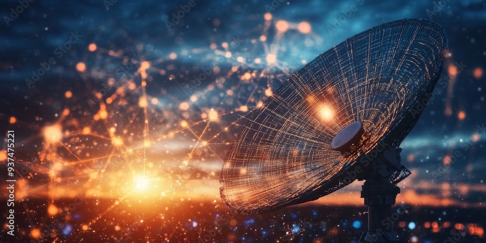 Aufkleber a satellite dish transmitting data, signal waves visualized as beams connecting to distant satellite