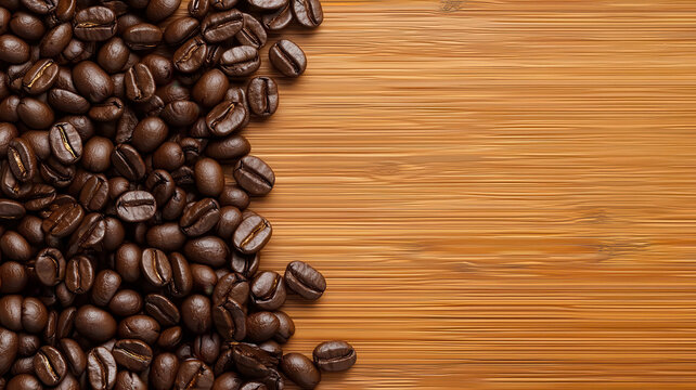 Fresh organic coffee beans on a wooden surface, detailed close-up, 3D illustration