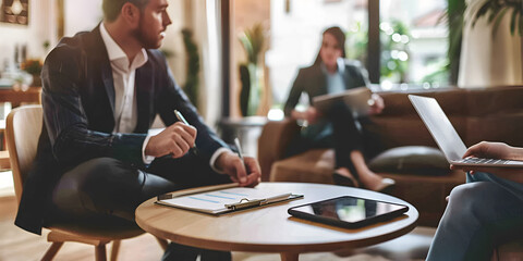 Business meeting with tablet and laptop