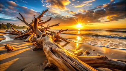 Golden Hour Warmth Morning Light Driftwood Textured Low Angle Shot