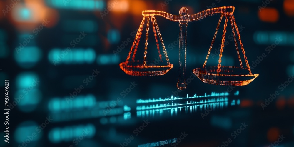Poster Macro shot of a balance scale icon on a computer screen, symbolizing AI ethics and fairness in decision-making algorithms
