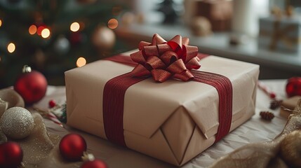 A beautifully wrapped gift sits on a cozy table adorned with festive decorations, surrounded by ornaments and lights in a warm, inviting atmosphere during the holiday season