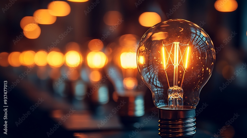 Poster glowing light bulb with bokeh background, illustrating the spark of innovation and the power of brig
