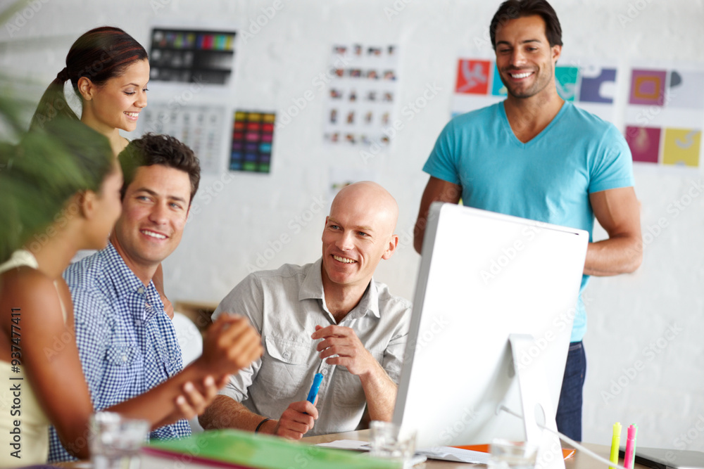 Aufkleber man, group and discussion at computer at startup, review or project management at graphic design age