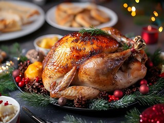 Mouthwatering Roasted Turkey with Festive Holiday Side Dishes on Rustic Farmhouse Table