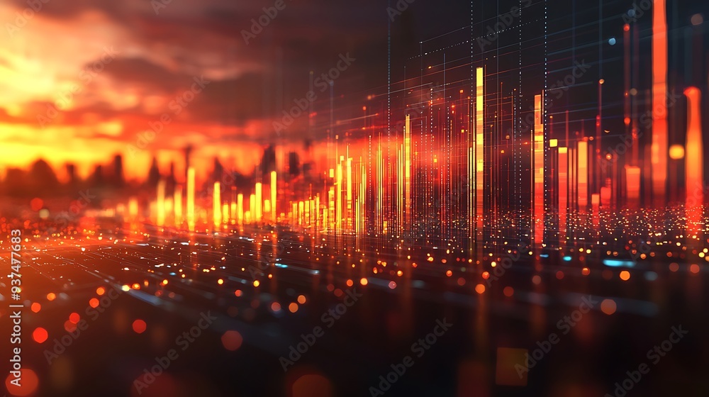Poster abstract cityscape with digital network lines, red and orange glow, capturing the dynamic and interc