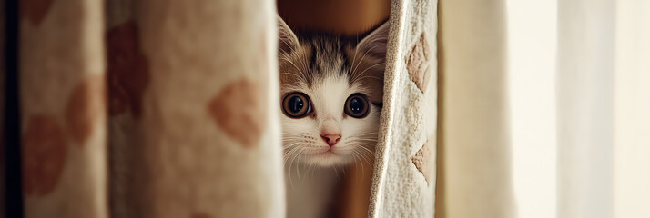 Curious kitten peeking from behind curtain