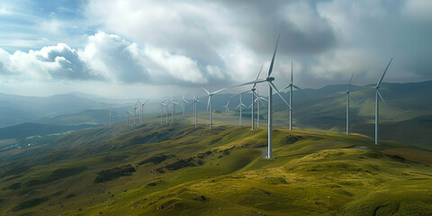 Wind turbines on green hills under cloudy sky