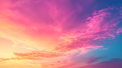 Fototapeta premium Vibrant pink and blue sky with clouds at sunset, illustrating the blend of cool and warm tones in a visually dynamic and serene composition.