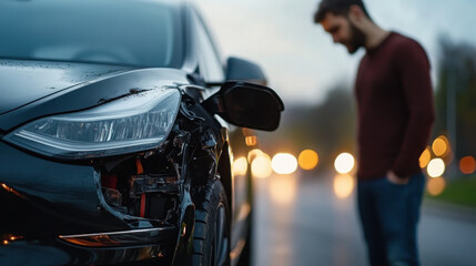A man standing next to his damaged car on a rainy road, depicting a car accident, concern, and insurance-related issues.