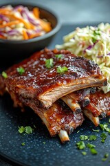 Barbecue Ribs with Coleslaw Cian Blue Background High Resolution