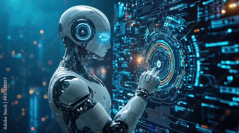Poster futuristic robot interacting with holographic interface