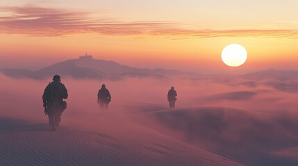 Soldiers walking through a misty desert landscape at sunset.