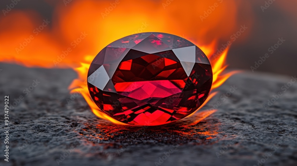 Wall mural a garnet gemstone surrounded by flames with a fiery sunset in the background, symbolizing passion an